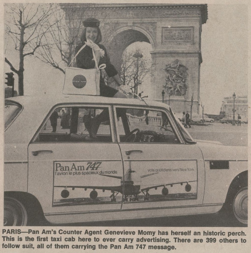 1970, August, a taxi promotion for Pan Am's new 747 service to Paris.